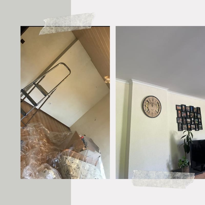 Pokój na poddaszu przed i po: drabina i folia po remoncie → gładkie białe ściany ze świeżymi listwami, zegar ścienny i rośliny