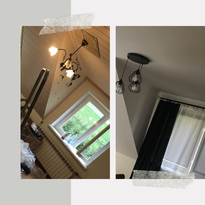 Pokój przed i po: stara rustykalna lampa z motywem mapy świata → nowoczesna designerska lampa loftowa z czarnymi kloszami